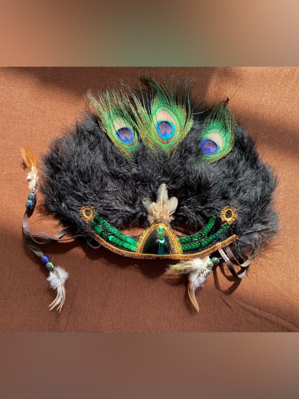 Feathered Peacock Mask with Green Sequin Accents